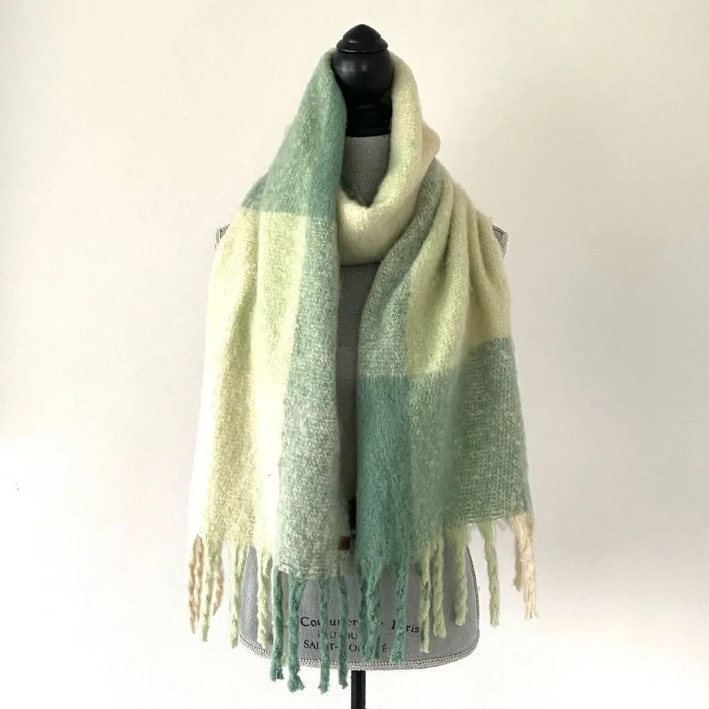 Lucky Brand Green & Cream Oversized Fringe Scarf Versatile Casual Chic Laganlook